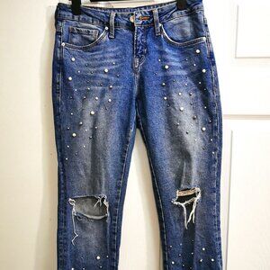 Mavi Women’s Tess Denim Skinny Distressed Jean With Faux Pearl Accent  SZ:27